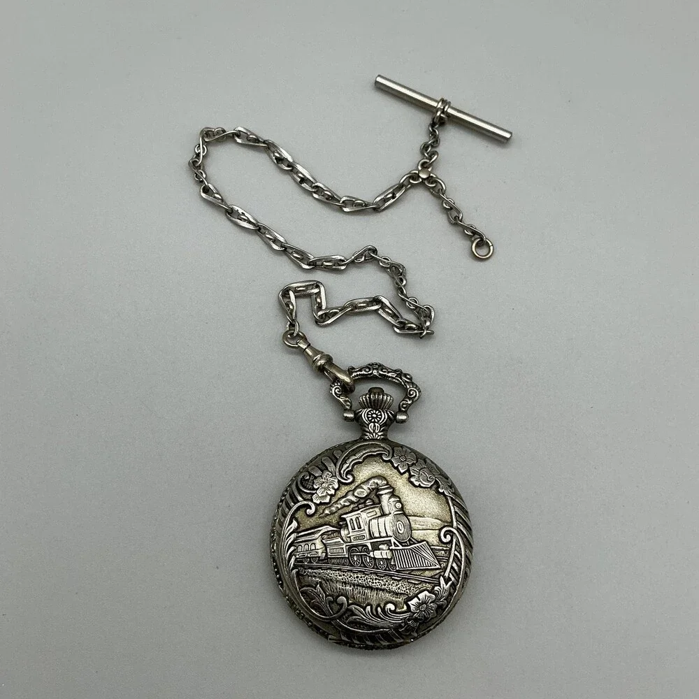 Churchill Pocket Watch Men 47mm Train Silver Gold Tone Full Hunter New Battery